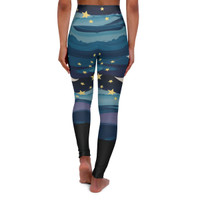 Moon and Stars - Hand Painted - Blue Purple Gold White Black - High Waisted Yoga Leggings - Pants