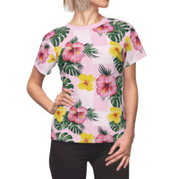 Hawaiian Hibiscus Flowers - Monstera Leaves - Tropical - Women's Cut & Sew Tee - T-Shirt