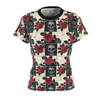 Tiled Skulls and Red Roses - Black Red White - Women's Cut & Sew Tee - T-Shirt