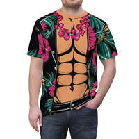 Halloween Male Hawaiian Shirt Chest Six Pack - Costume - Black T-Shirt - Unisex Cut & Sew Tee