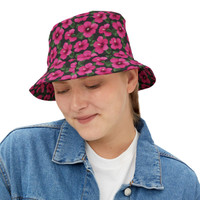 Hawaiian Hibiscus Flower Pattern - Bright Pink and Green on Black - Biker Bucket Hat