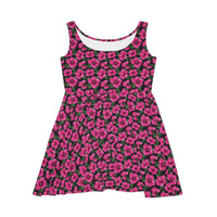 Hawaiian Hibiscus Flower Pattern - Bright Pink and Green on Black - Women's Skater Dress