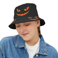 Scary Halloween Costume Jack-O-Lantern - Orange Glowing Eyes Mouth  - Biker Bucket Hat