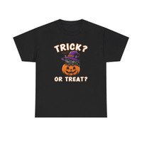 Trick? or Treat? - Halloween T-Shirt - Cat Jack-o-Lantern Pumpkin with Witches Hat - Unisex Heavy Cotton Tee