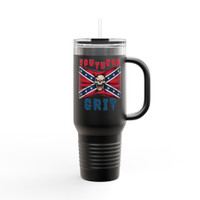 Insulated Travel Mug - 40oz - Rebel Flag with Skull - Text, "Southern Grit"