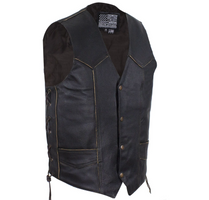 Leather Motorcycle Vest - Men's - American Indian - Retro Brown - Side Laces - Up To 64 - MV3091-01-DL