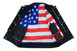 Leather Motorcycle Vest - Men's - USA Flag Liner - Up To 8XL - RC165-RC