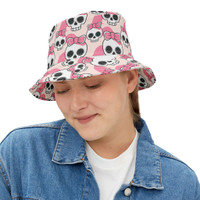 Cute Skull with Coquette Bows - Pink Black White - Biker Bucket Hat