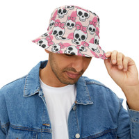 Cute Skull with Coquette Bows - Pink Black White - Biker Bucket Hat