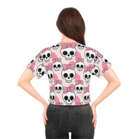 Pink Skulls Crop Tee with Coquette Bows Pattern - Women's Cropped T-Shirt
