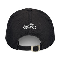 Embroidered Denim Hat - "helmet hair don't care" - Motorcycle on Back - Blue or Black - Biker Cap