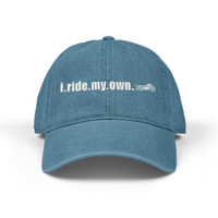 Embroidered Denim Hat - "i.ride.my.own." - Motorcycle in Motion - Blue or Black - Biker Cap