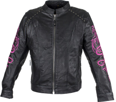 Leather Jacket - Women's - Racer - Studs and Hot Pink Sleeve Design - LJ7018-HOTPINK-11-DL