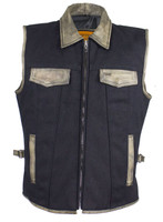 Canvas and Leather Motorcycle Vest - Men's - Distressed Brown - MV8010-CV12-DL