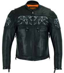 Racer Leather Jacket - Men's -  Reflective Skulls - Concealed Carry Pockets - MJ825-DL
