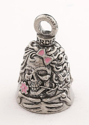 Lady Skull With Pink Bow & Flowers - Pewter - Motorcycle Guardian Bell® - Made In USA - SKU GB-LADY-SKULL-W-DS