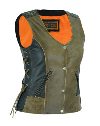 Women's Two Tone Leather Vest With Grommet and Lacing Accents - DS298-DS