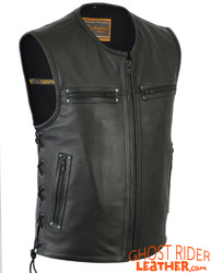 Leather Motorcycle Vest - Men's - Up To Size 6XL - Side Laces - 10 Pocket - Big and Tall - DS146-DS