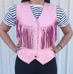 Leather Motorcycle Vest - Women's - Pink - Fringe - Tassels - AL2322-AL