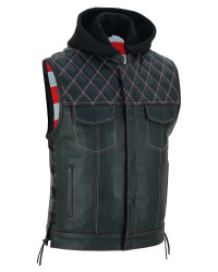 Leather Motorcycle Vest - Men's - Road Edge - USA Flag Liner - Hoodie - Up To 8XL - Highway Bound - RC194-RC