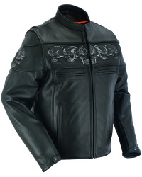 Leather Motorcycle Jacket - Men's - Biker - Up To 6XL - Reflective Skulls - DS700-DS