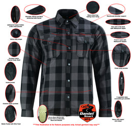 Flannel Motorcycle Shirt - Men's - Armor Pockets - Alpha Check - Gun Pockets - Up To Size 6XL - Black Gray Plaid - RC4670-RC