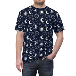 Sun Moon Stars - White On Midnight Blue - Unisex Cut & Sew Tee (AOP)