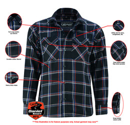 Flannel Motorcycle Shirt - Men's - Armor Pockets - Gun Pockets - Up To Size 5XL - Black Red Blue Plaid - DS4680-DS