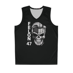 Felon 47 - Skull with American Flag - Grayscale - Donald Trump's Iconic Hair - Eyebrows - Black - Basketball Jersey