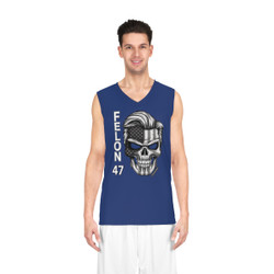 Felon 47 - Skull with American Flag - Grayscale - Donald Trump's Iconic Hair - Eyebrows - Blue - Basketball Jersey