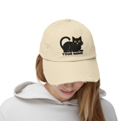 Personalized with Your Name - Black Cat with Yellow Eyes - Unisex Distressed Cap