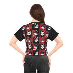 Cats and Hearts in Squares Pattern - Red White Black - Cropped T-shirt - Crop Tee