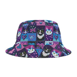 Hearts for Kitties - Pattern 101 - Blue Pink Purple - Cats - Biker Bucket Hat.