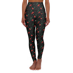 Cherries and Dots Pattern - Red on Black - High Waisted Yoga Leggings - Pants