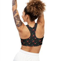 Cherries and Dots Pattern - Red on Black - Seamless Sports Bra