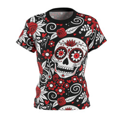 Sugar Skull - Roses Pattern - Red and White on Black - Women's Cut & Sew Tee - T-Shirt