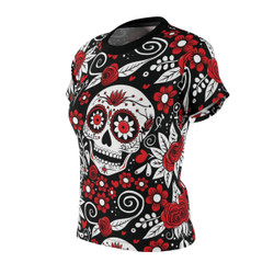 Sugar Skull - Roses Pattern - Red and White on Black - Women's Cut & Sew Tee - T-Shirt