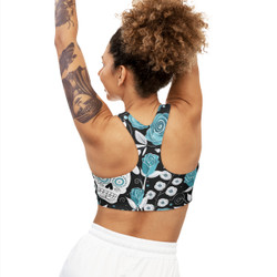 Sugar Skull - Roses Pattern - Aqua and White on Black - Seamless Sports Bra