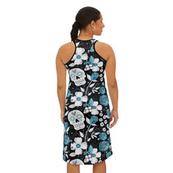 Sugar Skull - Roses Pattern - Aqua and White on Black - Women's Racerback Dress
