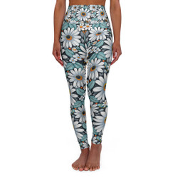 Aqua Daisies Pattern - Aqua and White on Black - High Waisted Yoga Leggings - Pants