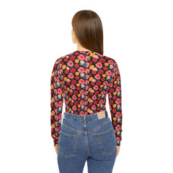 Pink Modern Stylized Roses Pattern - Pink Red Yellow on Black - Women's Long Sleeve V-neck Shirt - Tee