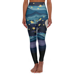 Moon and Stars - Hand Painted - Blue Purple Gold White Black - High Waisted Yoga Leggings - Pants