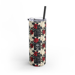 Tiled Skulls and Red Roses - Black Red White - Maars Maker Skinny Matte Tumbler, 20oz