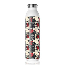 Tiled Skulls and Red Roses - Black Red White - Slim Water Bottle