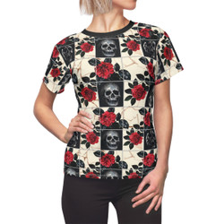 Tiled Skulls and Red Roses - Black Red White - Women's Cut & Sew Tee - T-Shirt