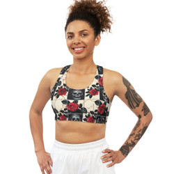Tiled Skulls and Red Roses - Black Red White - Seamless Sports Bra