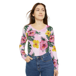 Hawaiian Hibiscus Flowers - Monstera Leaves - Tropical - Women's Long Sleeve V-neck Shirt - Tee