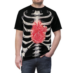 Halloween Skeleton Chest with Red Heart - Costume - Black Shirt - Unisex Cut & Sew Tee
