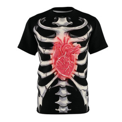 Halloween Skeleton Chest with Red Heart - Costume - Black Shirt - Unisex Cut & Sew Tee
