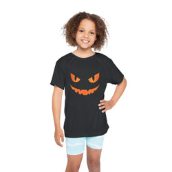 Scary Halloween Costume Jack-O-Lantern - Orange Glowing Eyes Mouth - Black T-Shirt - Kids Sports Jersey
